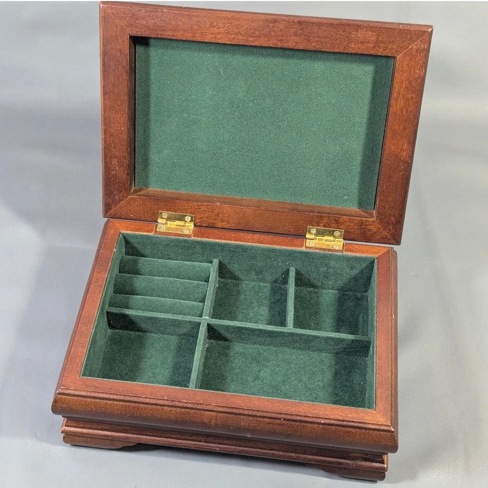 Vintage Wooden Jewelry Box Dark Wood Green Velvet Lining Carved Detail Organizer
